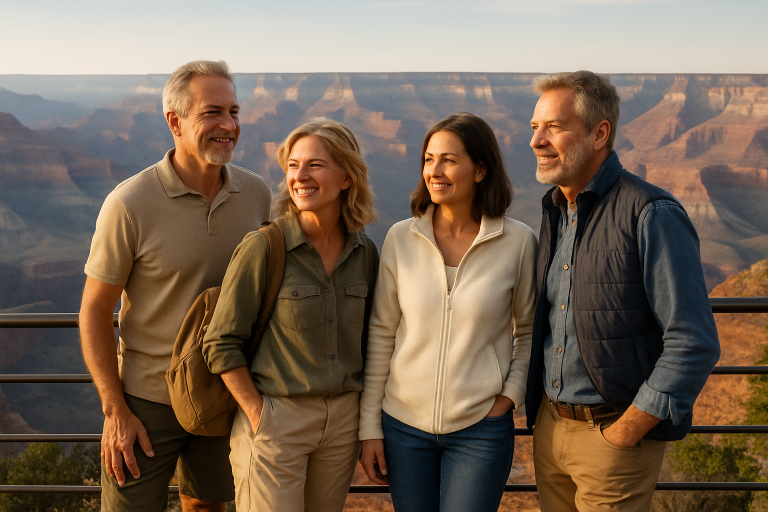 Active adults in their 50s at a bright Grand Canyon scenic overlook
